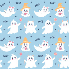 Cute ghosts seamless pattern. Halloween print. Spooky baby characters, stars and boo text on blue background.
