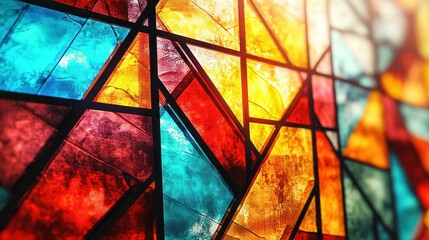 Stunning stained glass closeup showcasing vibrant patterns and textures illuminated by soft sunlight. Perfect for modern art lovers.