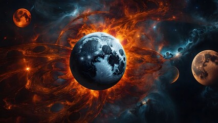 A Vivid Cosmic Explosion With Earth in the Center and Surrounding Planets Illuminated in a Dark Universe