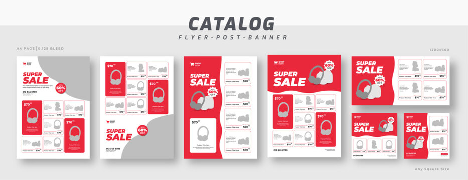 Supermarket product sale catalog flyer bundle, social media post set template, product catalog sale promotion web banner ads design, catalog square template