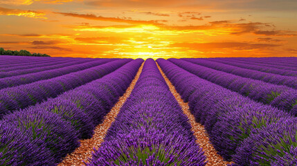 Obraz premium Vibrant lavender field at sunset, organized rows of blooming lavender plants contrasting against a colorful sky