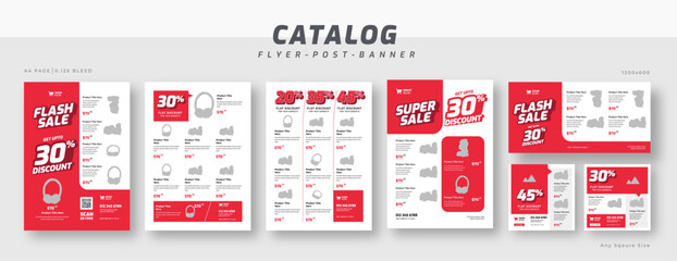 Supermarket product sale catalog flyer bundle, social media post set template, product catalog sale promotion web banner design, catalog square template