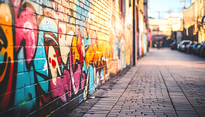 Fototapeta premium A graffiti-covered urban wall, showcasing vibrant colors, bold lines, and an edgy, artistic vibe