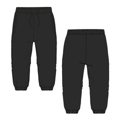 Fleece cotton jersey basic Sweat pant technical fashion flat sketch Black color template. Apparel jogger pants vector illustration mock up.
