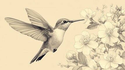 Fototapeta premium Hummingbird in Flight with Flowers
