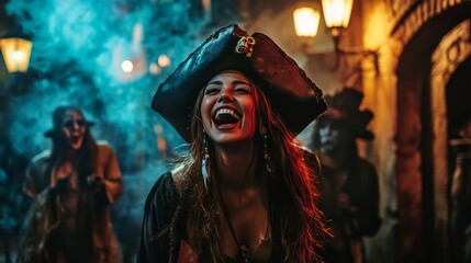 Joyful Latina Girl in Pirate Costume Laughing with Friends Against Spooky Backdrop under Street Lamps
