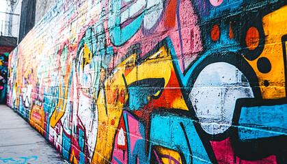 Obraz premium A graffiti-covered urban wall, showcasing vibrant colors, bold lines, and an edgy, artistic vibe