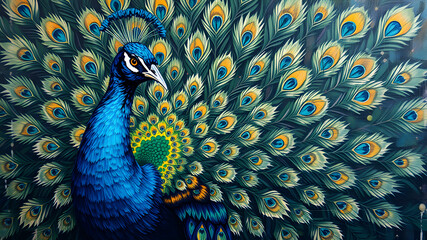 Fototapeta premium Peacock with Beautiful Feathers in a Vibrant and Detailed Painting