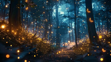 Enchanted Forest Path Illuminated by Fireflies
