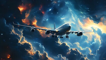 Celestial Adventure: Airplane Gliding Through a Stunning Cosmic Nebula