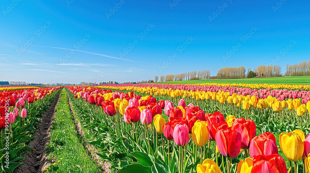 Wall mural vibrant tulip field in full bloom, showcasing a variety of colors under a clear blue sky in spring s