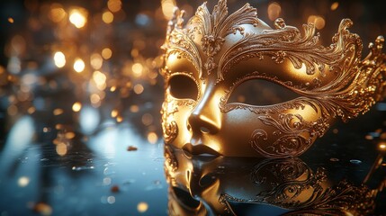 Obraz premium Ornate golden carnival mask, delicately crafted, lying on a sleek black mirror surface, capturing its reflection with subtle light gleaming off the mask