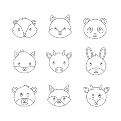 Animal faces doodle line symbol sign icon collection. outline style. isolated illustration