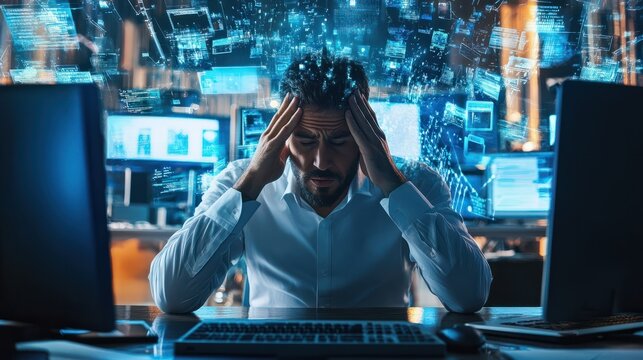 Stressed businessperson overwhelmed by data overload and social media notifications in high-tech office