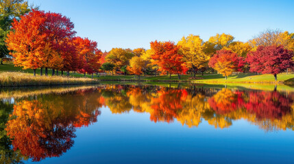 Obraz premium Vibrant autumn foliage reflecting in tranquil lake surrounded by colorful trees in a serene park setting