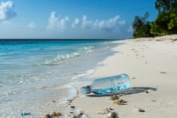 Plastic bottle on the beach. Concept of environmental pollution