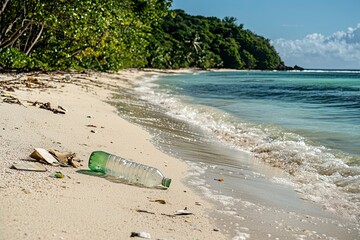Plastic bottle on the beach. Concept of environmental pollution