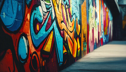 Obraz premium A graffiti-covered urban wall, showcasing vibrant colors, bold lines, and an edgy, artistic vibe