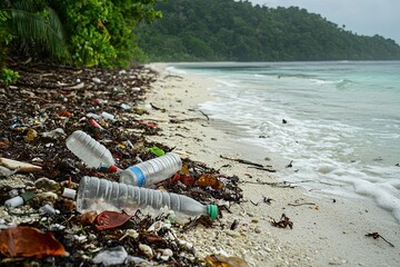 Obraz premium Plastic bottle on the beach. Concept of environmental pollution
