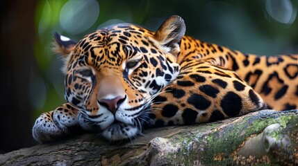 Obraz premium A Sleeping Jaguar Resting on a Tree Trunk