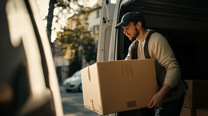 A delivery worker carrying a large cardboard box from a van on a city street during daylight.