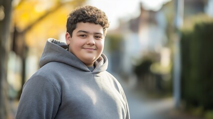 Fototapeta premium Portrait of a Teenage Boy in a Gray Hoodie Outside on a Sunny Day, Representing Diversity and Youth