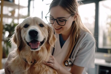 A veterinarian smiling while caring for a golden retriever in a bright, welcoming clinic, showcasing love for pets and professional care.