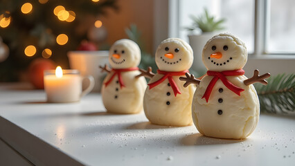 christmas cookies in the shape of cute snowman standing in a line side by side, three biscuits like smiling snowman with scarf, carrot and stick hands sitting on a window by a christmas tree