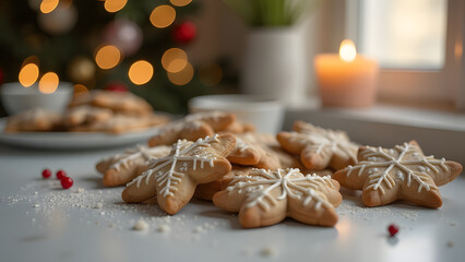 a pile of baked and decorated with icing cookies placed on a table, frosted biscuits in the shapes of star, snow flake lying on table by Christmas tree