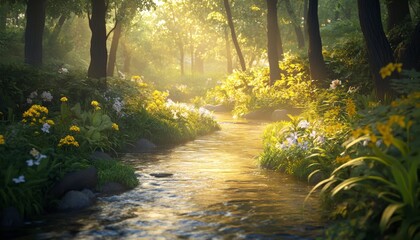 Obraz premium Sunlit Forest Stream with Vibrant Flowers and Lush Greenery