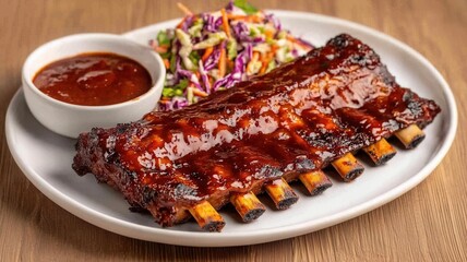 A plate features succulent barbecue ribs glazed with sauce, accompanied by coleslaw and a small bowl of dipping sauce.