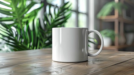 White Coffee Mug on a Wooden Table with Green Plants in the Background
