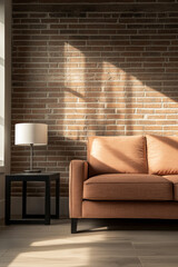 Cozy living room with a warm-toned couch and soft sunlight streaming through large windows at afternoon