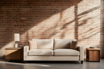 Cozy living room setup with a light beige sofa and wooden side tables against a textured brick wall in natural daylight