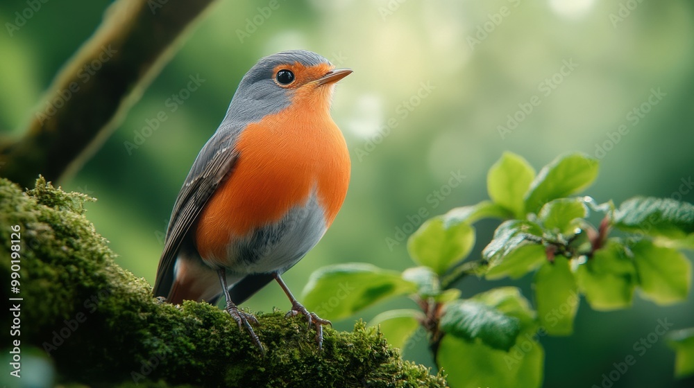 Wall mural A small orange and gray bird sitting on a branch in the forest, AI