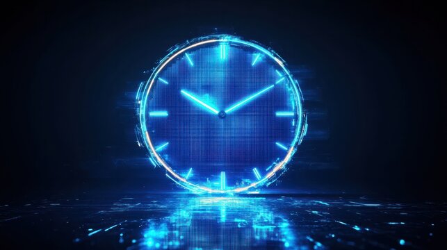 A futuristic digital clock light effect. A glowing silhouette of a clock representing time. Background laser blue neon clock vector illustration