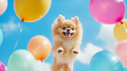 a cute Pomeranian jumping with joy and happiness, background is blue bright sky and colorful balloons.