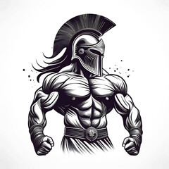 Obraz premium High-Resolution Illustration of a Muscular Spartan Warrior with a Unique Helmet, Transparent PNG
