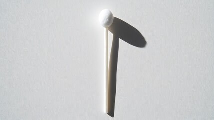 Isolated cotton bud standing vertically on a white background, casting a subtle shadow, the softness of the cotton contrasts with the clean surface