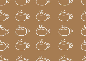 Doodle art cup of coffee or tea with seamless patterns on a brown background. For cards, frames, posters, book covers, textiles, wallpaper, wrapping and fabric.