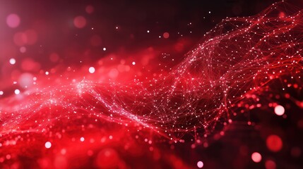 Abstract red tech background with digital waves, Dynamic network system, Artificial neural connections, Technology background.