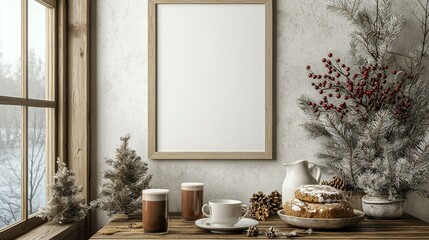 Fototapeta premium A simple wooden vertical frame elegantly hangs on the wall, just above a cozy table adorned with hot cocoa and festive Christmas baked goods, perfect for holiday decoration.