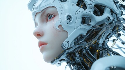 ai generated humanoid cyborg robot girl with metallic skeletons entangled in machine cables