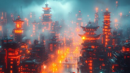 Cyberpunk Asian Cityscape with Red Neon Lights
