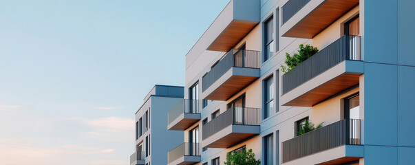 Affordable housing development in a city, showcasing modern, sustainable apartments with lowcost construction methods