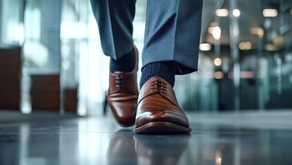 Fototapeta premium Feet of a businessman rushing in office corridor or open space because he is late to a meeting , man wearing brown suit show walking in modern office building