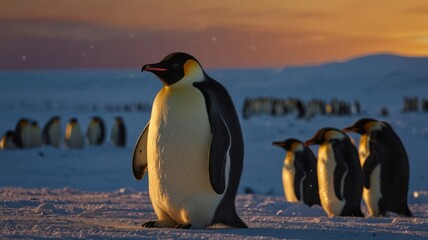Obraz premium Emperor Penguin at Sunset in Antarctica