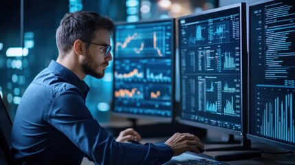 analyst uses computer and dashboard for data business analysis and Data Management System with KPI and metrics connected to the database for technology finance, operations, sales, marketing