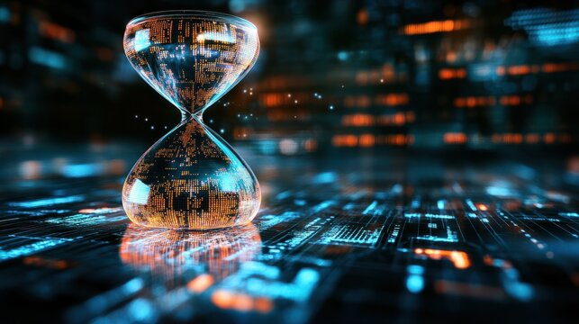 An innovative digital hourglass showcases data bits instead of sand, set against a time-sensitive data backdrop, emphasizing the criticality of prompt data analysis.