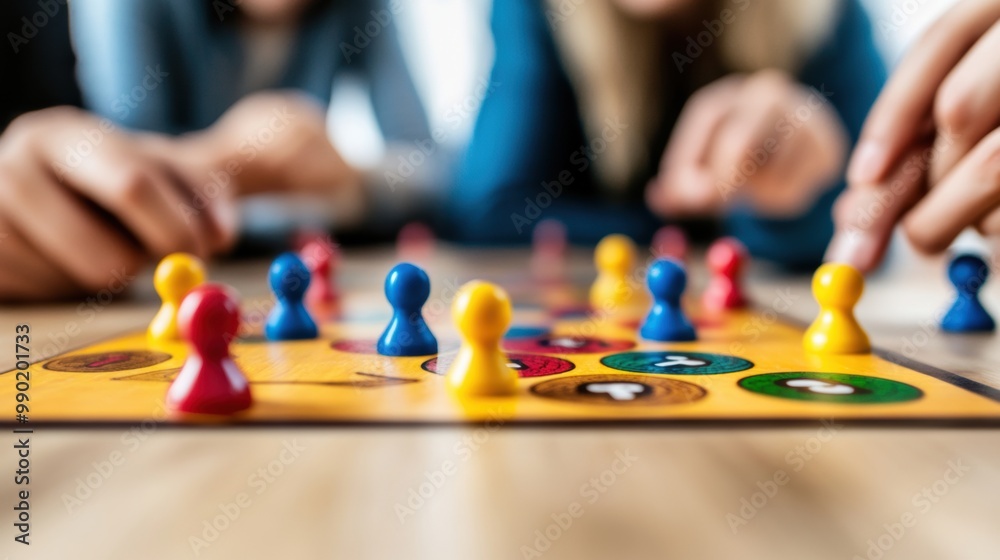 Poster A group of people playing a board game with colored pieces, AI